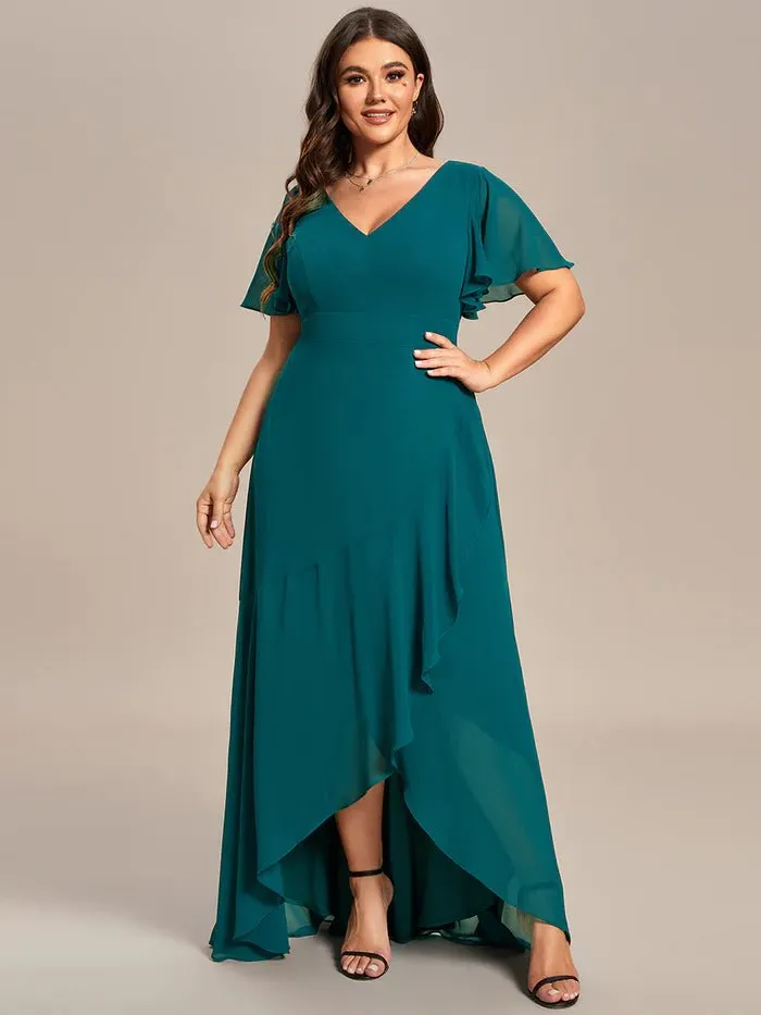 V Neck High Low Ruffles Chiffon Plus Size Evening Dress