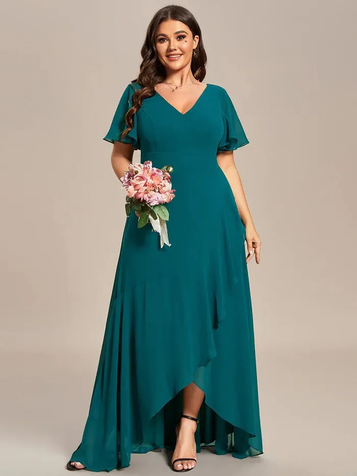 V Neck High Low Ruffles Chiffon Plus Size Evening Dress