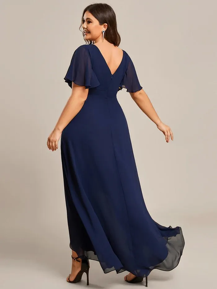 V Neck High Low Ruffles Chiffon Plus Size Evening Dress