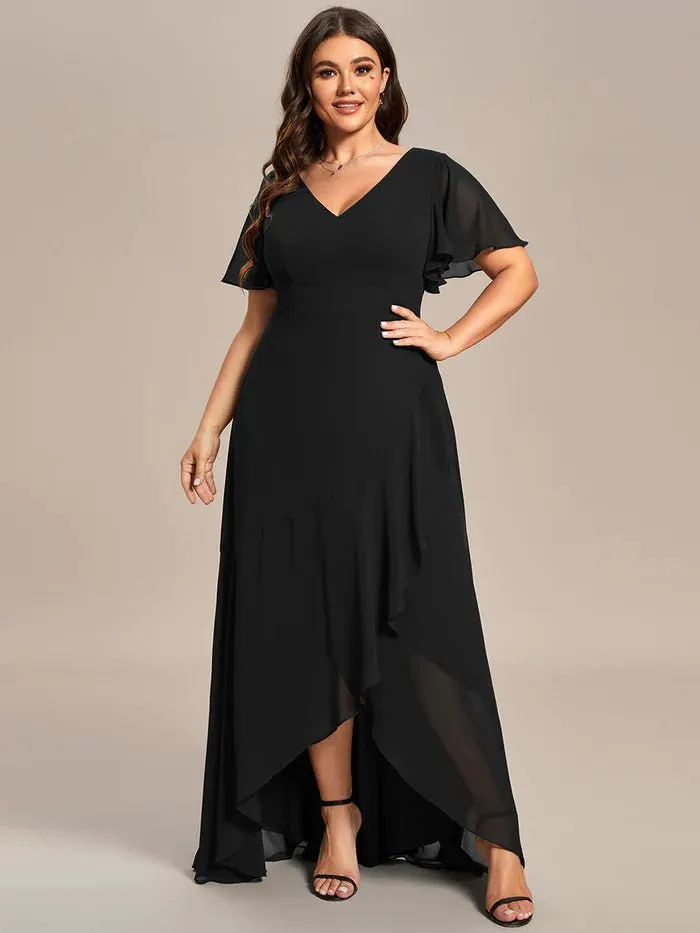 V Neck High Low Ruffles Chiffon Plus Size Evening Dress