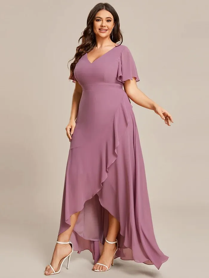 V Neck High Low Ruffles Chiffon Plus Size Evening Dress