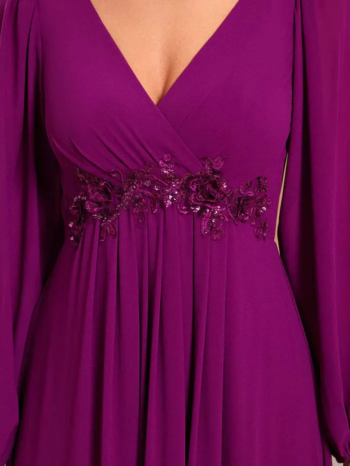 V-Neck Long Sleeve Applique A-Line Chiffon Evening Dress