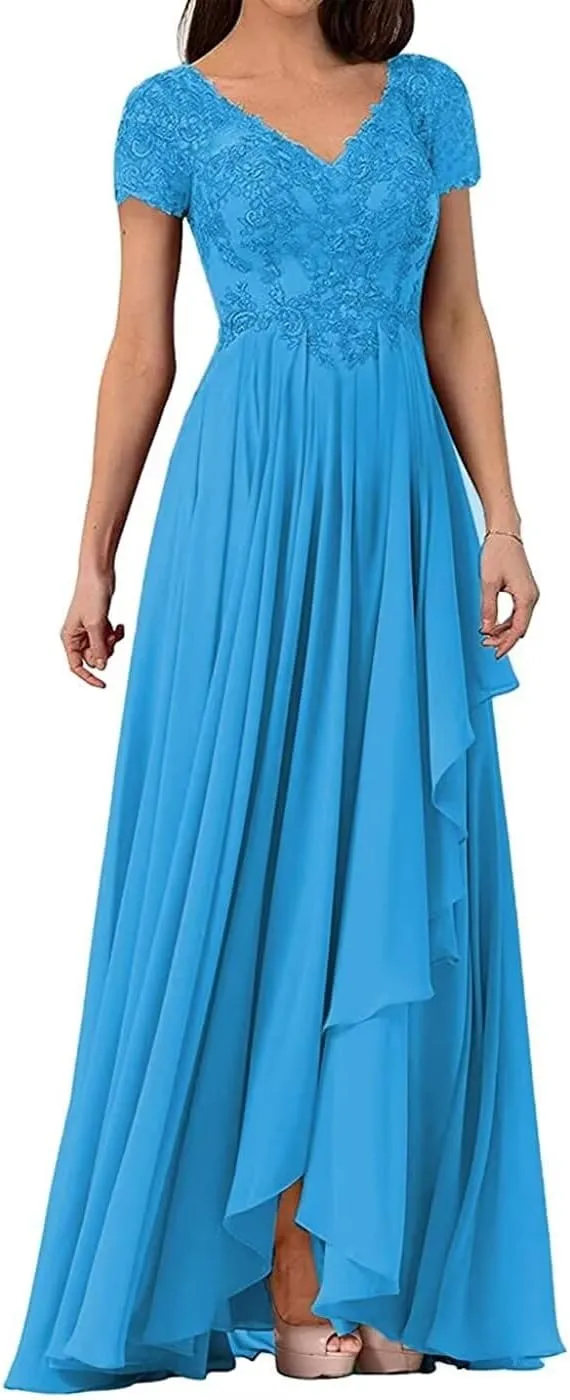 V Neck Mother of The Bride Dress Long Wedding Guests Dresses for Women Lace Appliques Chiffon Formal Evening Party Gowns