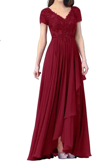 V Neck Mother of The Bride Dress Long Wedding Guests Dresses for Women Lace Appliques Chiffon Formal Evening Party Gowns