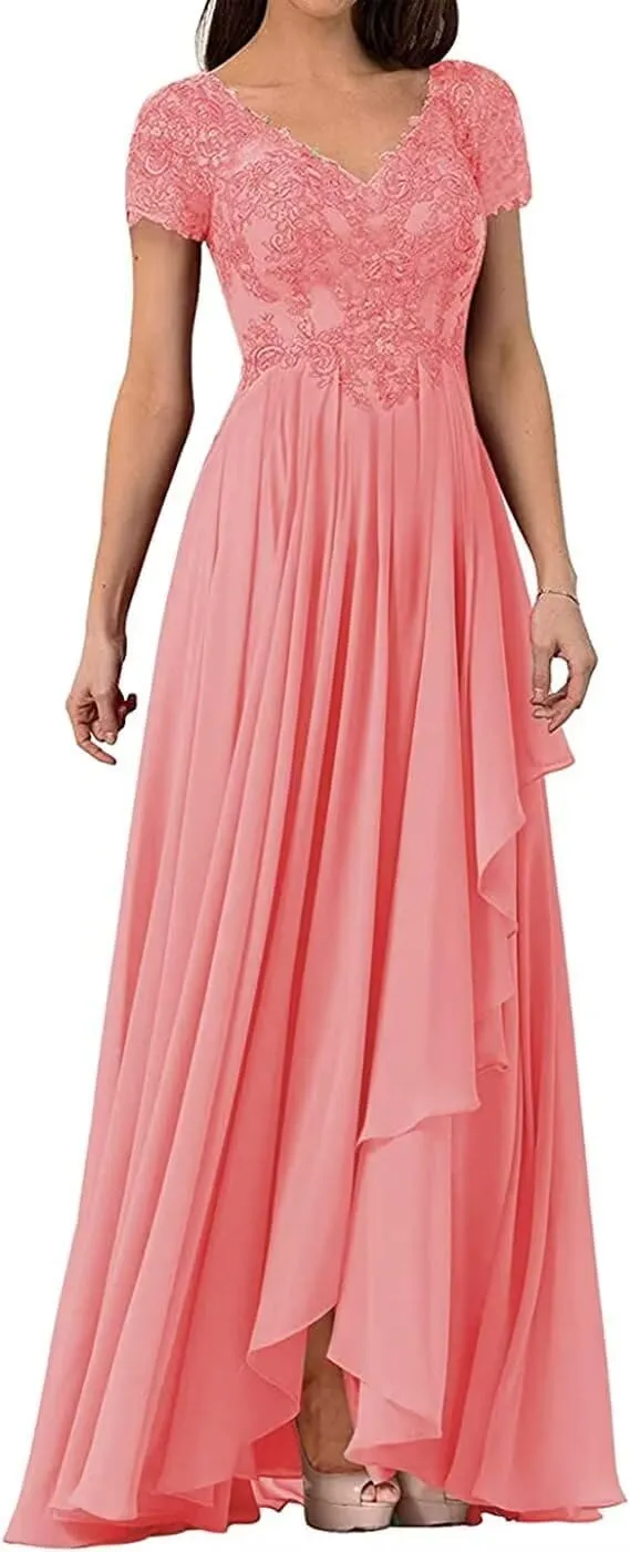 V Neck Mother of The Bride Dress Long Wedding Guests Dresses for Women Lace Appliques Chiffon Formal Evening Party Gowns