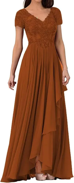 V Neck Mother of The Bride Dresses for Wedding Lace Appliques Prom Dress Women's Cap Sleeves Formal Evening Party Dress