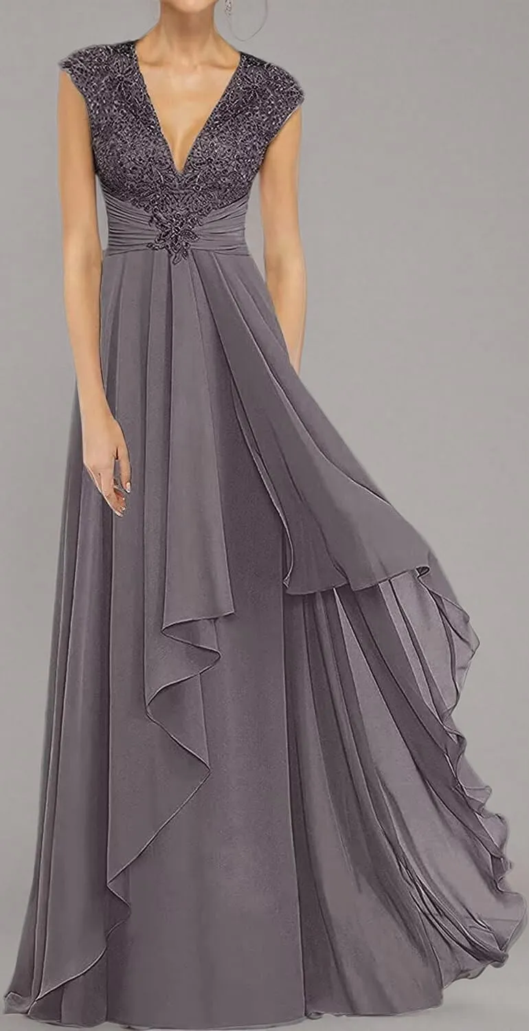 V Neck Mother of The Bride Dresses Long Chiffon Prom Dress for Wedding Lace Appliques Formal Evening Gown Plus Size