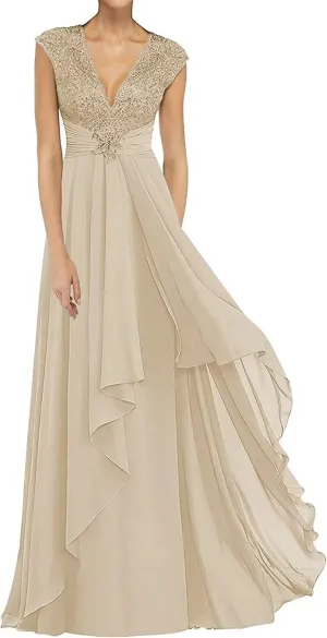 V Neck Mother of The Bride Dresses Long Chiffon Prom Dress for Wedding Lace Appliques Formal Evening Gown Plus Size