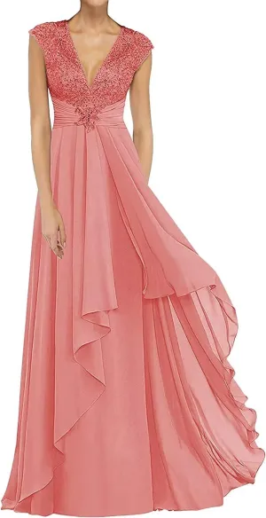 V Neck Mother of The Bride Dresses Long Chiffon Prom Dress for Wedding Lace Appliques Formal Evening Gown Plus Size