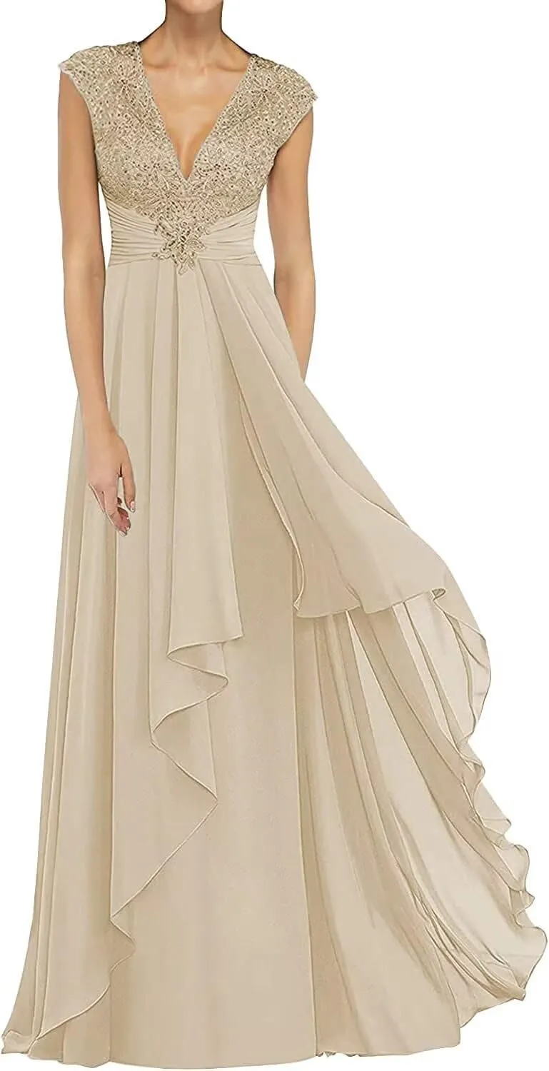 V Neck Mother of The Bride Dresses Long Chiffon Prom Dress for Wedding Lace Appliques Formal Evening Gown Plus Size