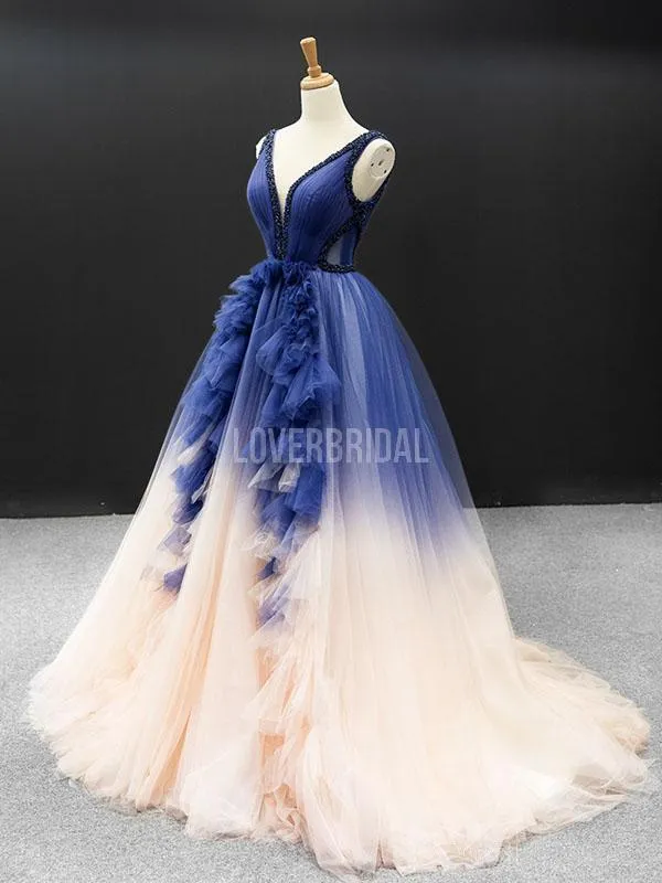 V Neck Ombre A-line Cheap Long Evening Prom Dresses, Evening Party Prom Dresses, 12249
