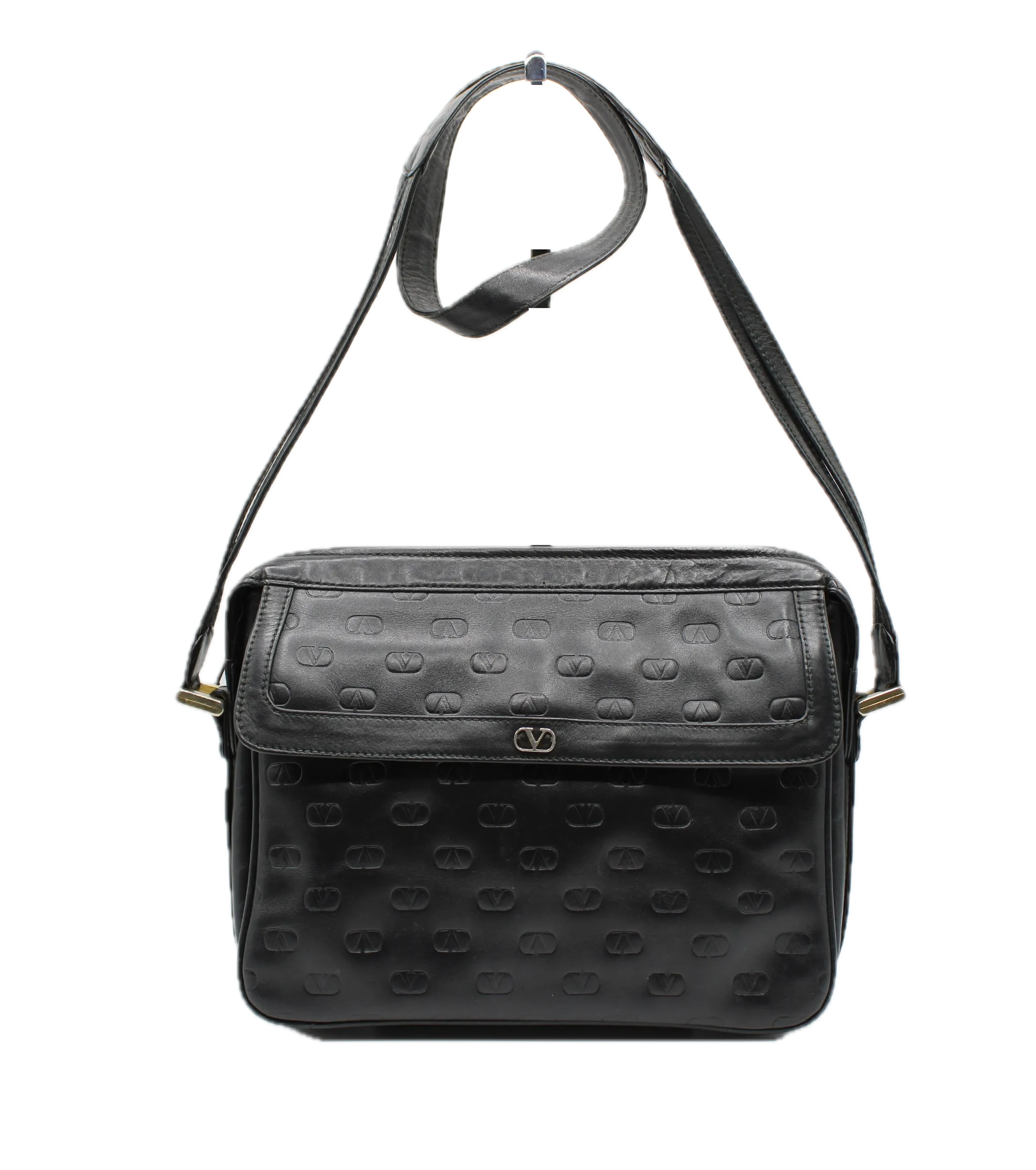 Valentino Black V Embossed Lambskin Leather Crossbody Bag Vintage