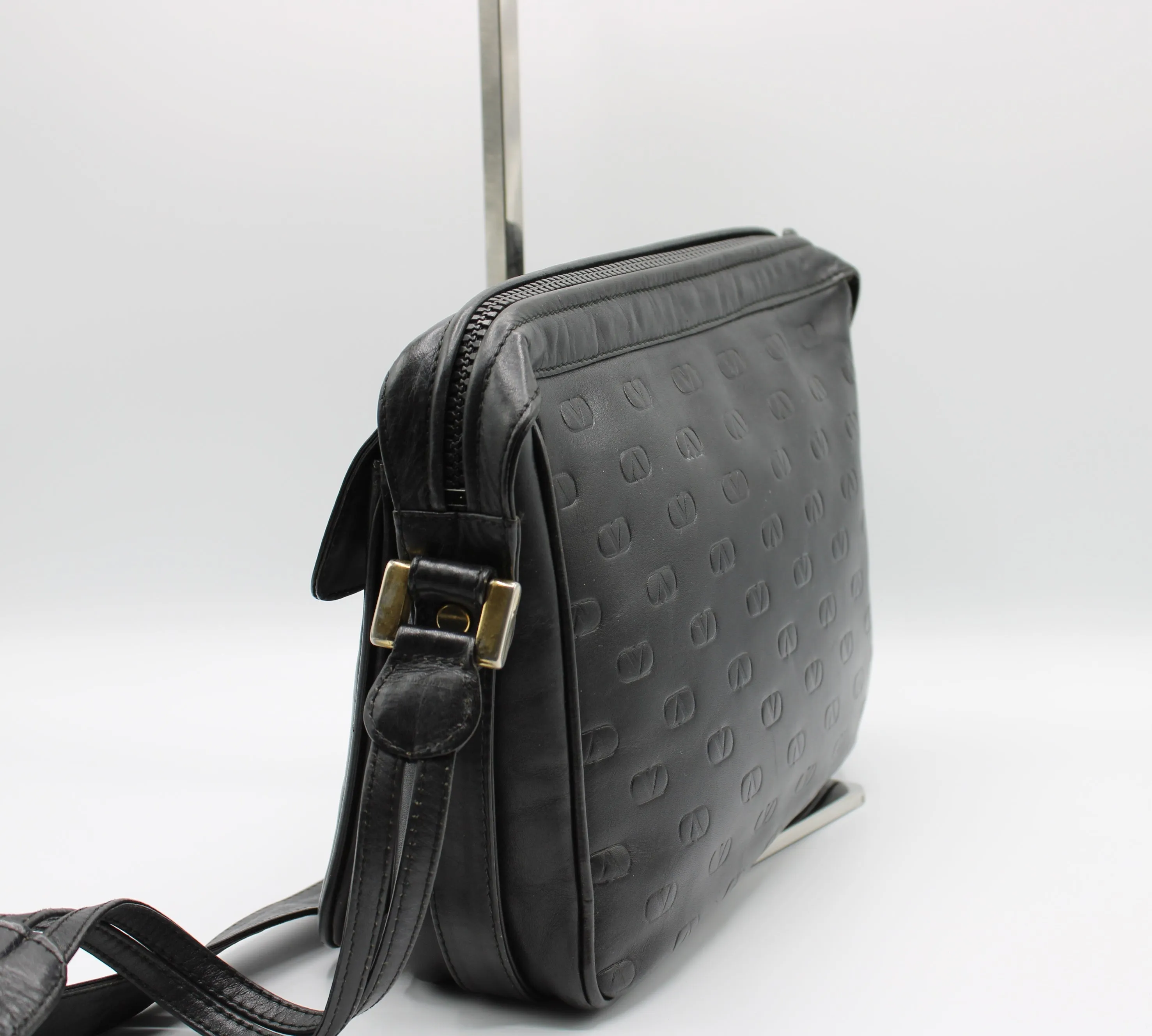 Valentino Black V Embossed Lambskin Leather Crossbody Bag Vintage