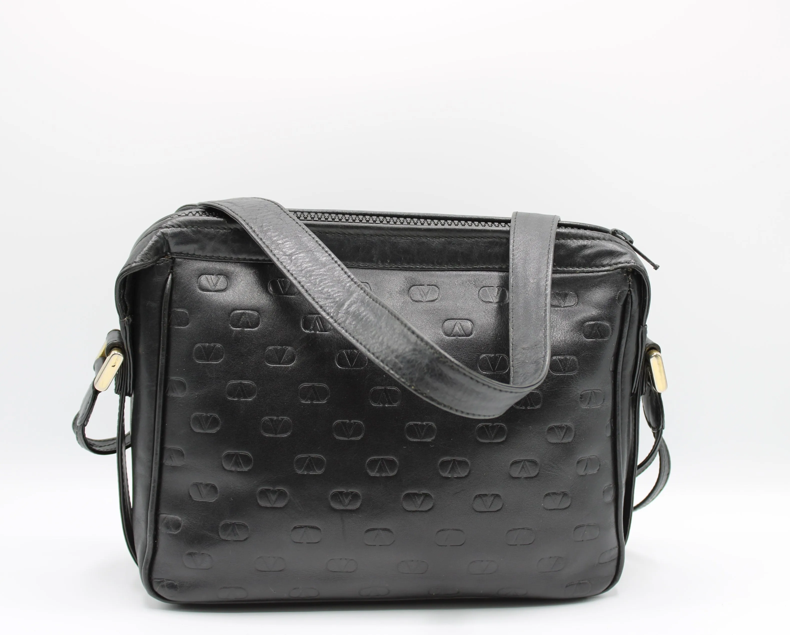 Valentino Black V Embossed Lambskin Leather Crossbody Bag Vintage