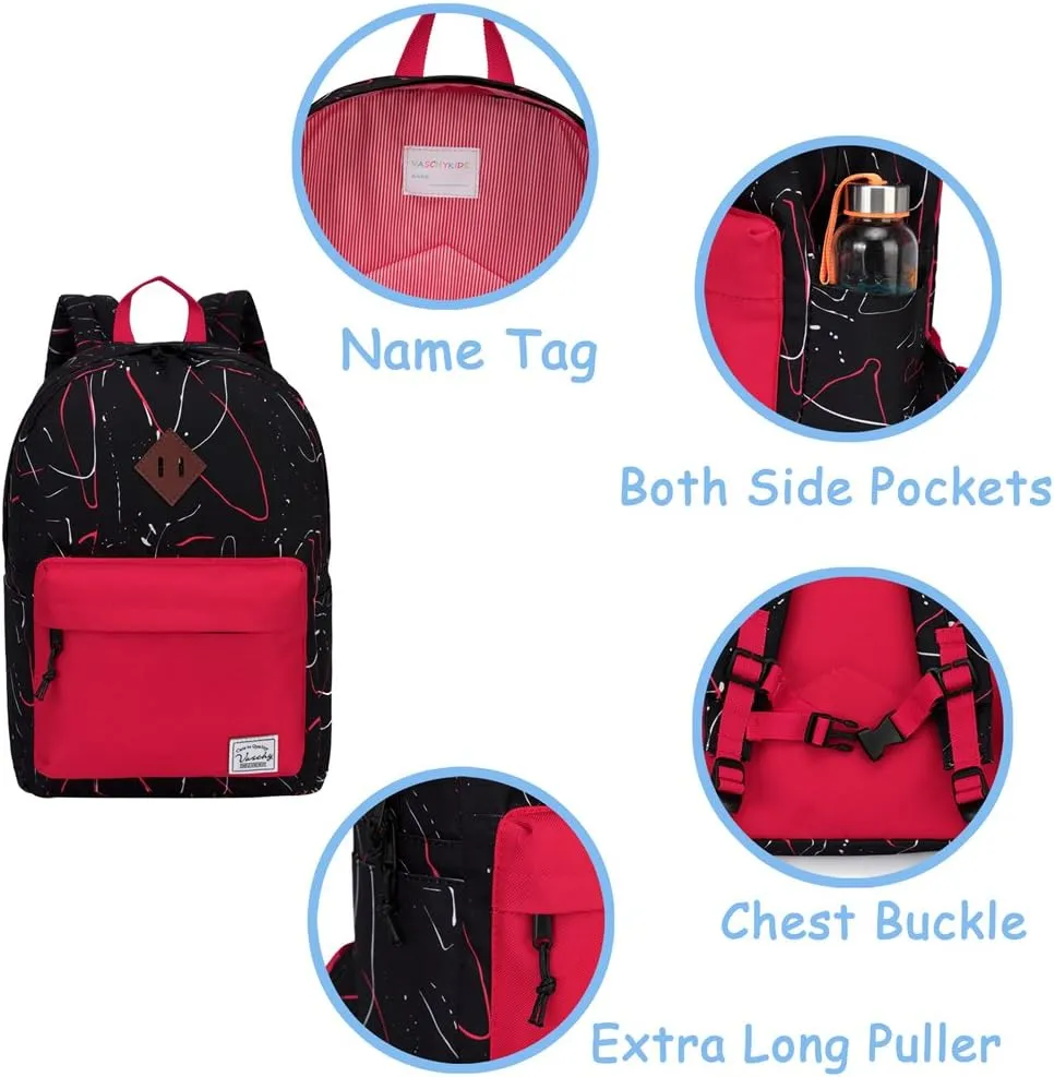 VASCHY Preschool Toddler Backpack, Little Kid Small Backpacks for Kindergarten Children Boys and Girls with Chest Strap in Black Red