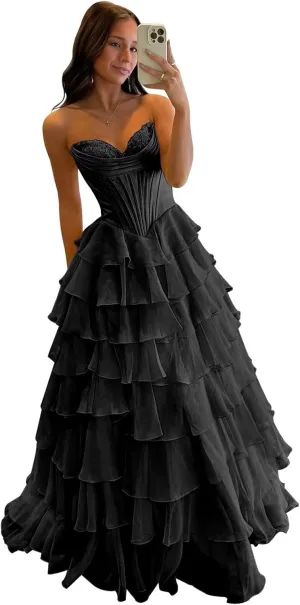 VCCICANY Strapless Corset Prom Dresses for Women Long Tiered Chiffon A Line Formal Evening Party Gowns with Slit