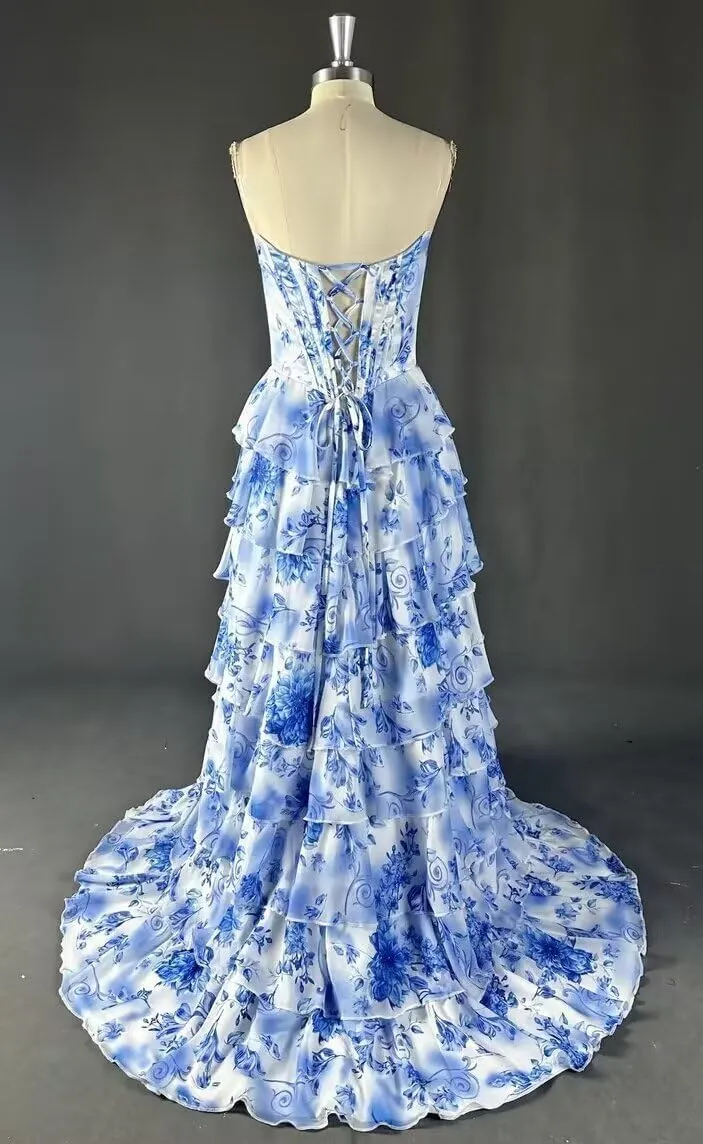 VCCICANY Strapless Corset Prom Dresses for Women Long Tiered Chiffon A Line Formal Evening Party Gowns with Slit