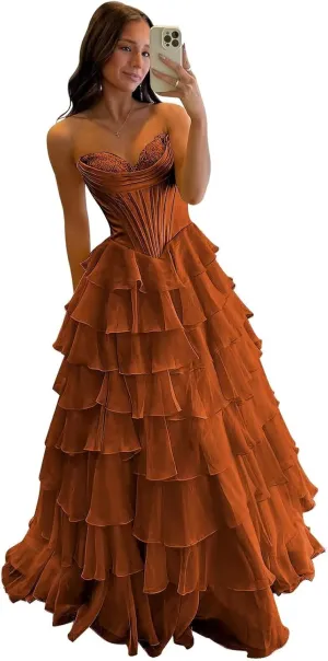 VCCICANY Strapless Corset Prom Dresses for Women Long Tiered Chiffon A Line Formal Evening Party Gowns with Slit
