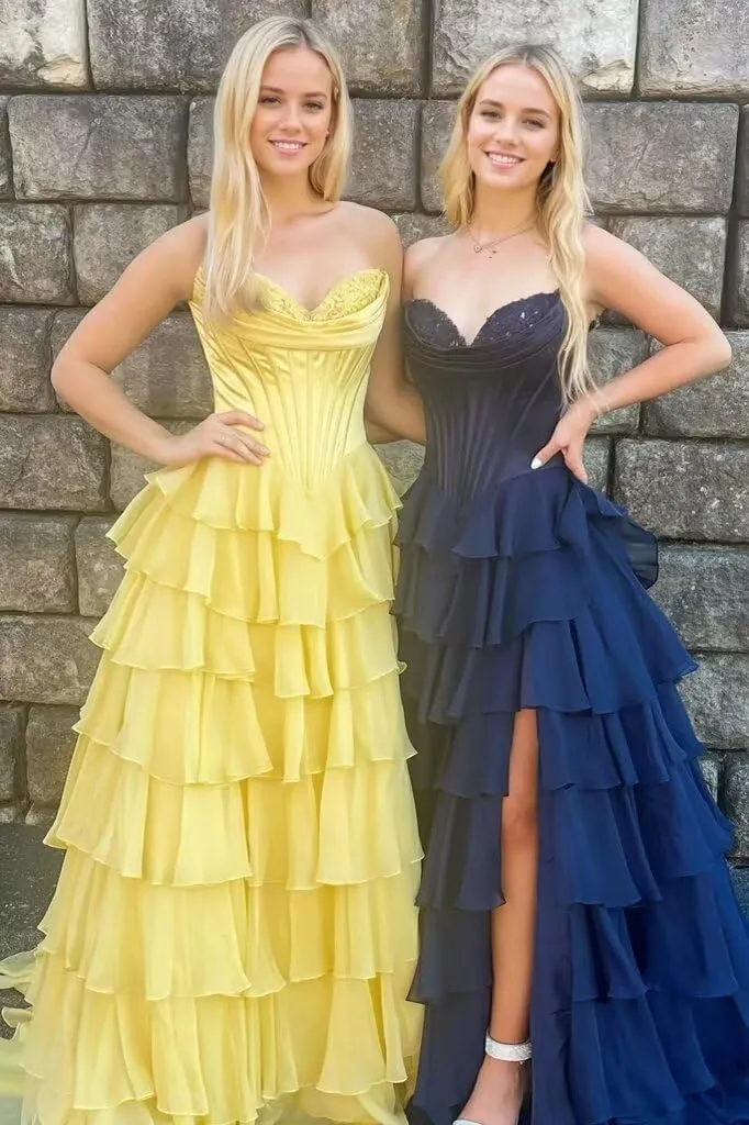 VCCICANY Strapless Corset Prom Dresses for Women Long Tiered Chiffon A Line Formal Evening Party Gowns with Slit