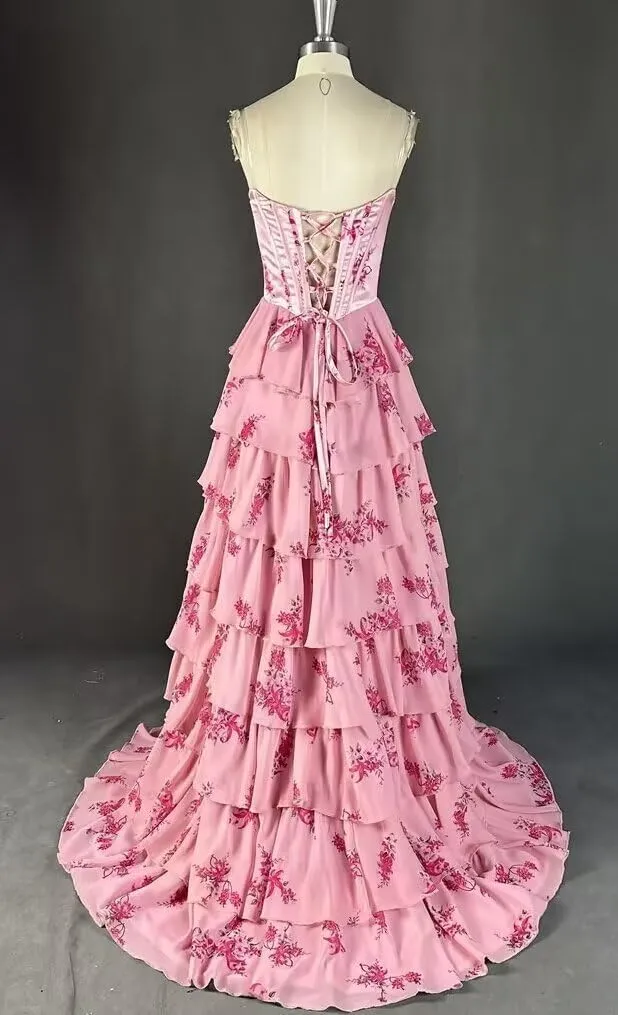 VCCICANY Strapless Corset Prom Dresses for Women Long Tiered Chiffon A Line Formal Evening Party Gowns with Slit