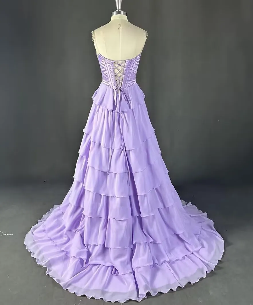 VCCICANY Strapless Corset Prom Dresses for Women Long Tiered Chiffon A Line Formal Evening Party Gowns with Slit