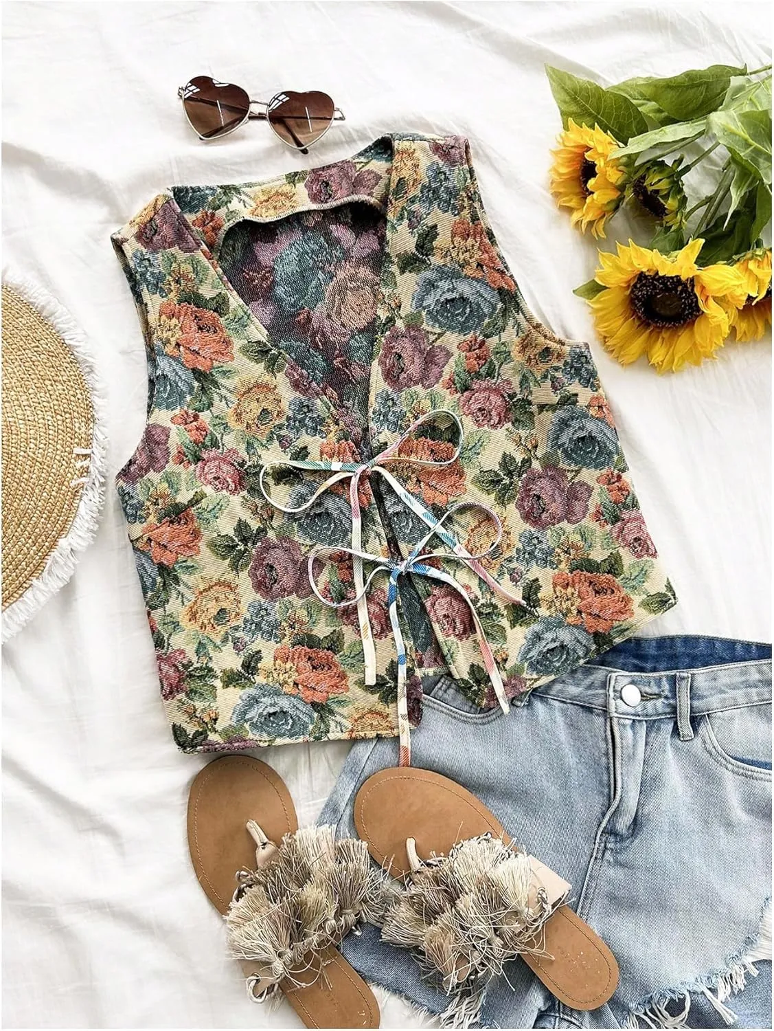 Verdusa Women's Vintage Floral Print Bow Tie Cowgirl Vest V Neck Sleeveless Jacket Outerwear