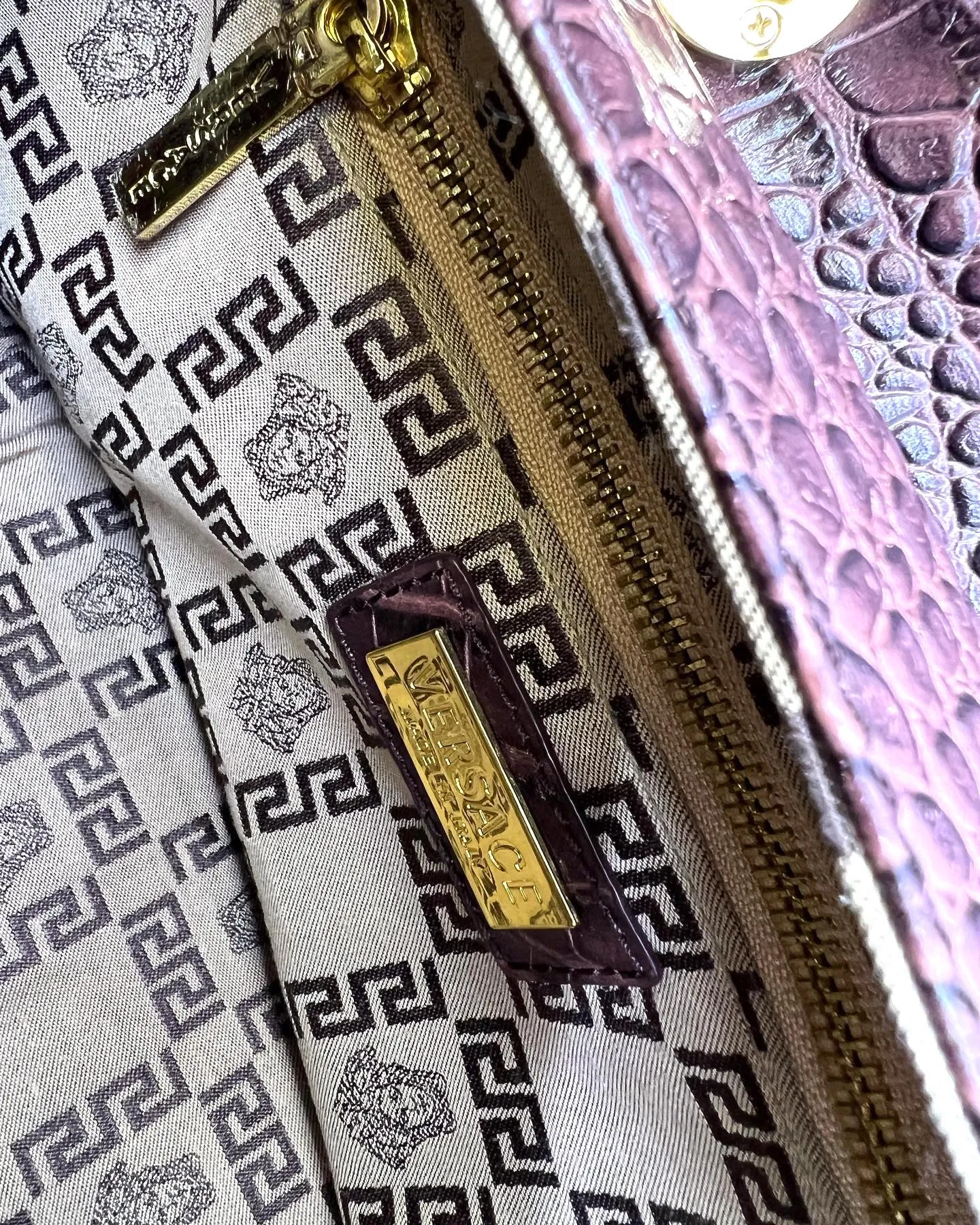 VERSACE VINTAGE CROC EMBOSSED LEATHER CANYON HANDBAG