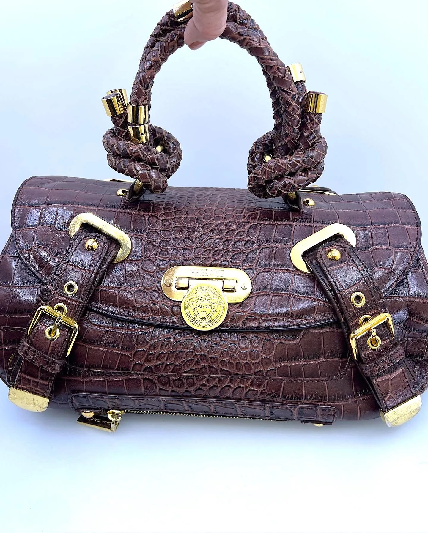 VERSACE VINTAGE CROC EMBOSSED LEATHER CANYON HANDBAG