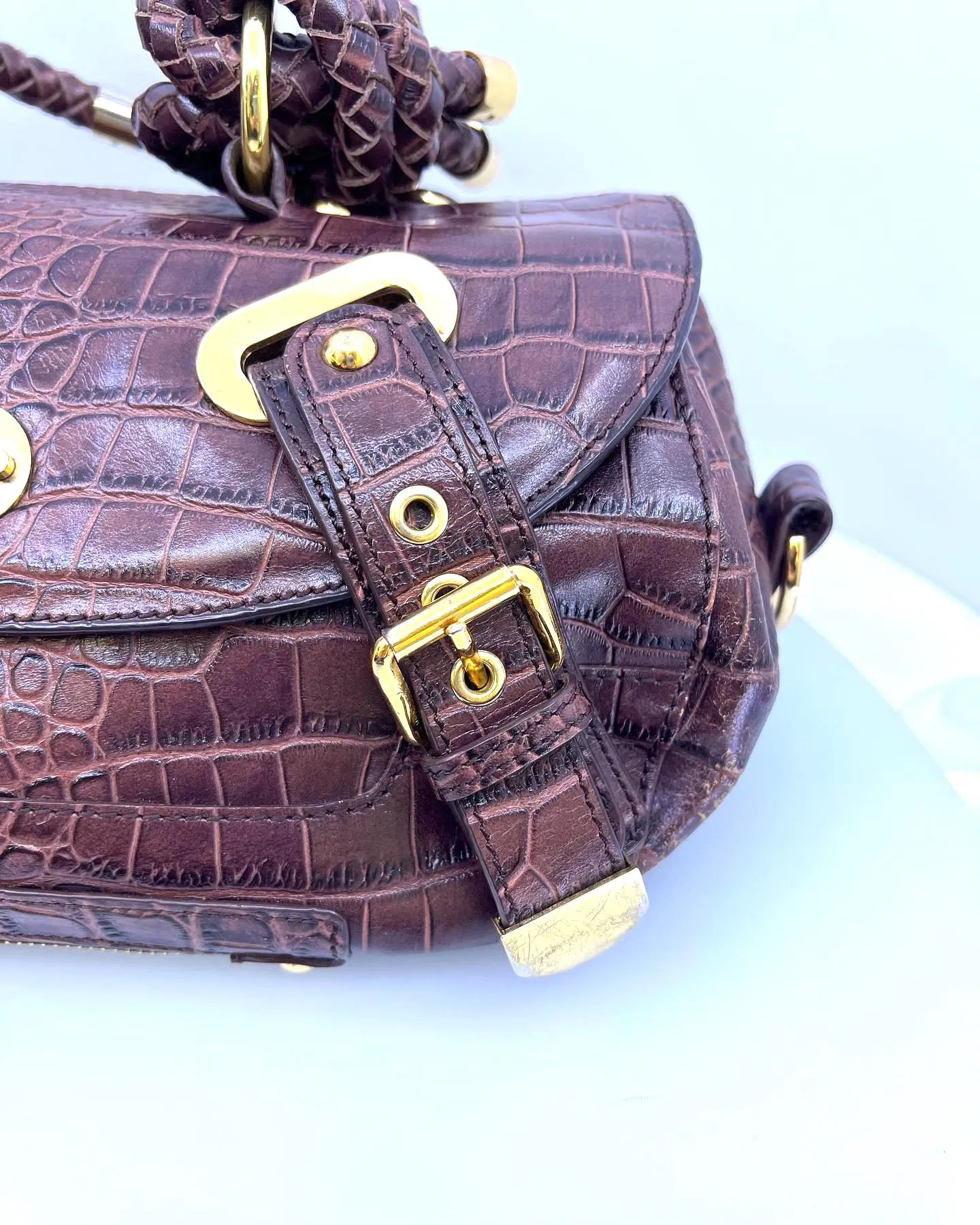 VERSACE VINTAGE CROC EMBOSSED LEATHER CANYON HANDBAG