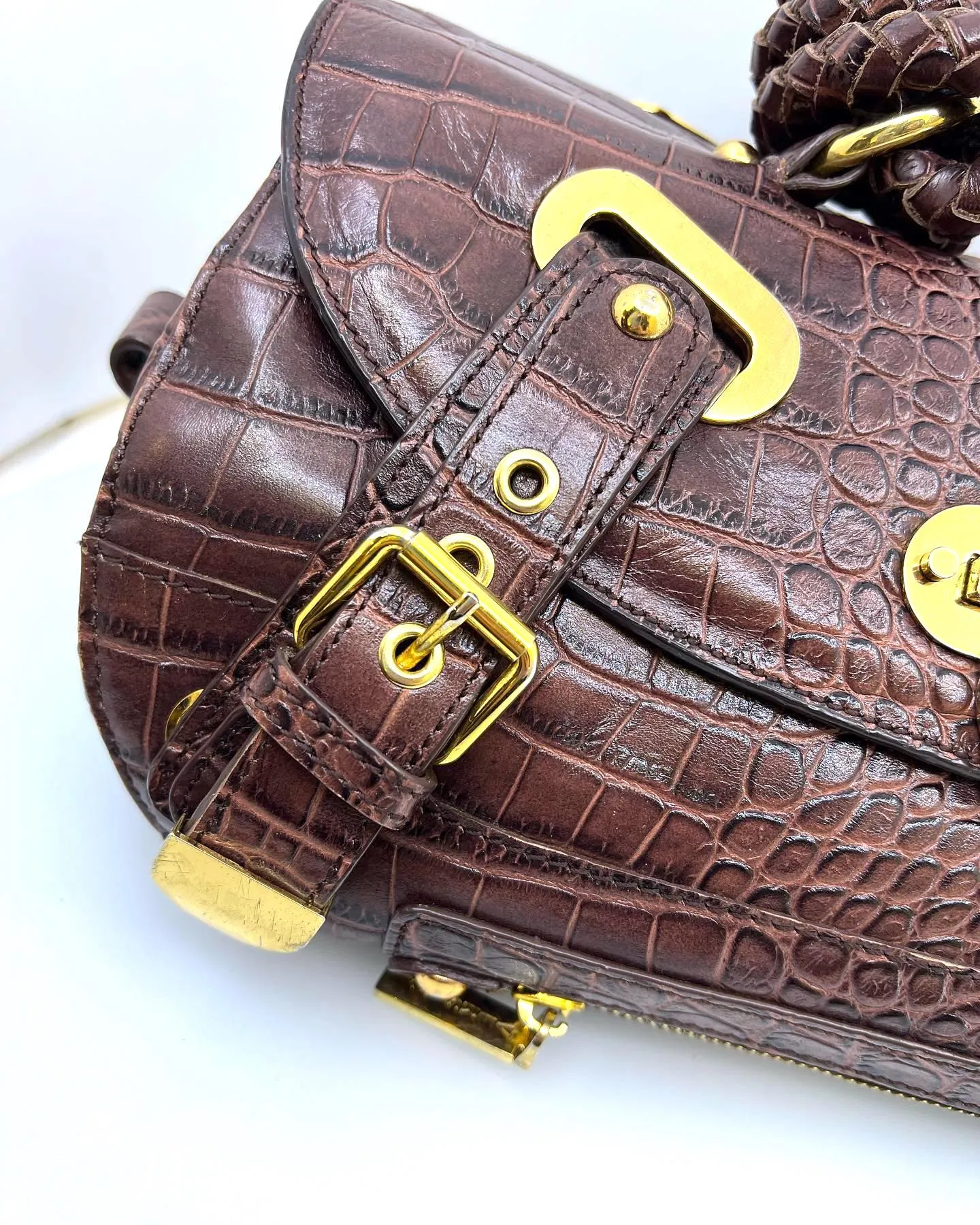 VERSACE VINTAGE CROC EMBOSSED LEATHER CANYON HANDBAG