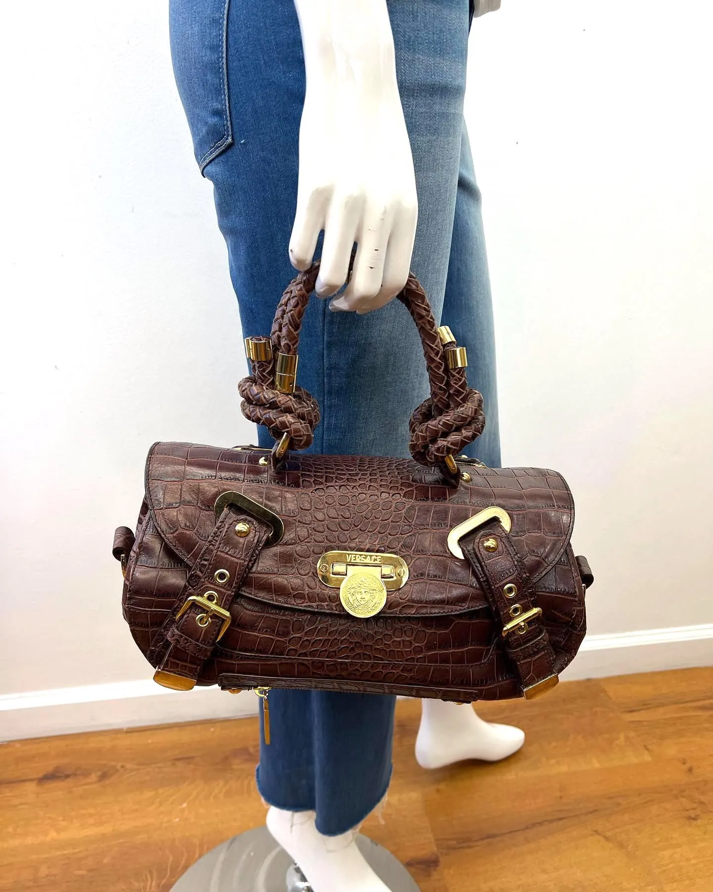 VERSACE VINTAGE CROC EMBOSSED LEATHER CANYON HANDBAG