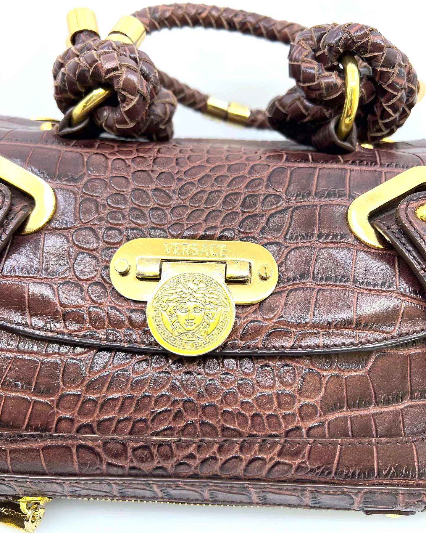 VERSACE VINTAGE CROC EMBOSSED LEATHER CANYON HANDBAG