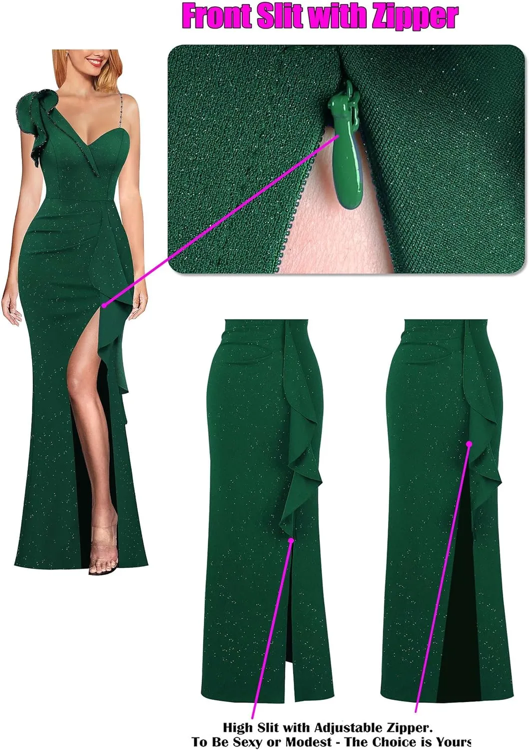 VFSHOW Womens Formal Prom Elegant Ruffle One Shoulder Beaded Strap Ruched Slit Maxi Dress Wedding Evening Long Gown