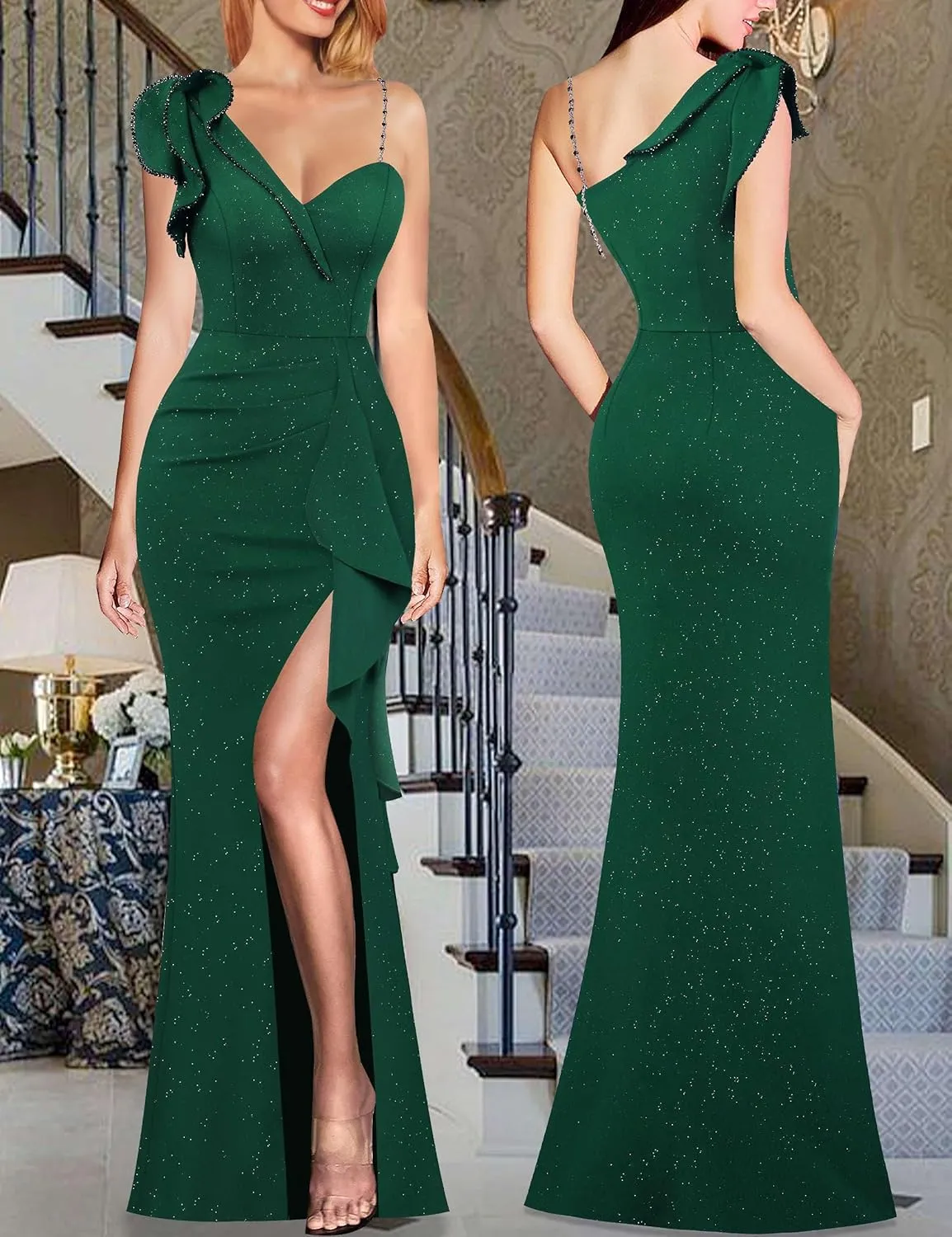 VFSHOW Womens Formal Prom Elegant Ruffle One Shoulder Beaded Strap Ruched Slit Maxi Dress Wedding Evening Long Gown