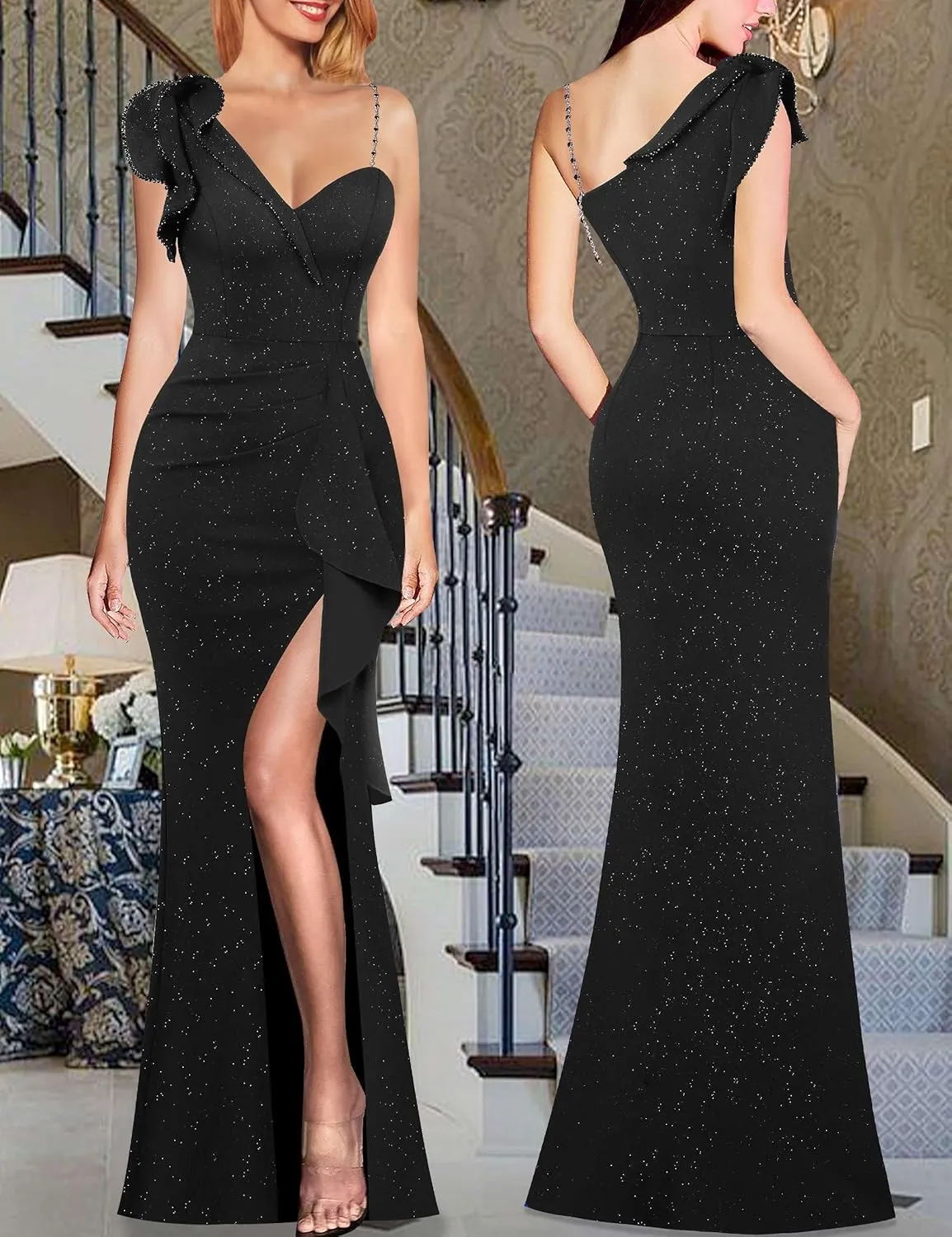 VFSHOW Womens Formal Prom Elegant Ruffle One Shoulder Beaded Strap Ruched Slit Maxi Dress Wedding Evening Long Gown
