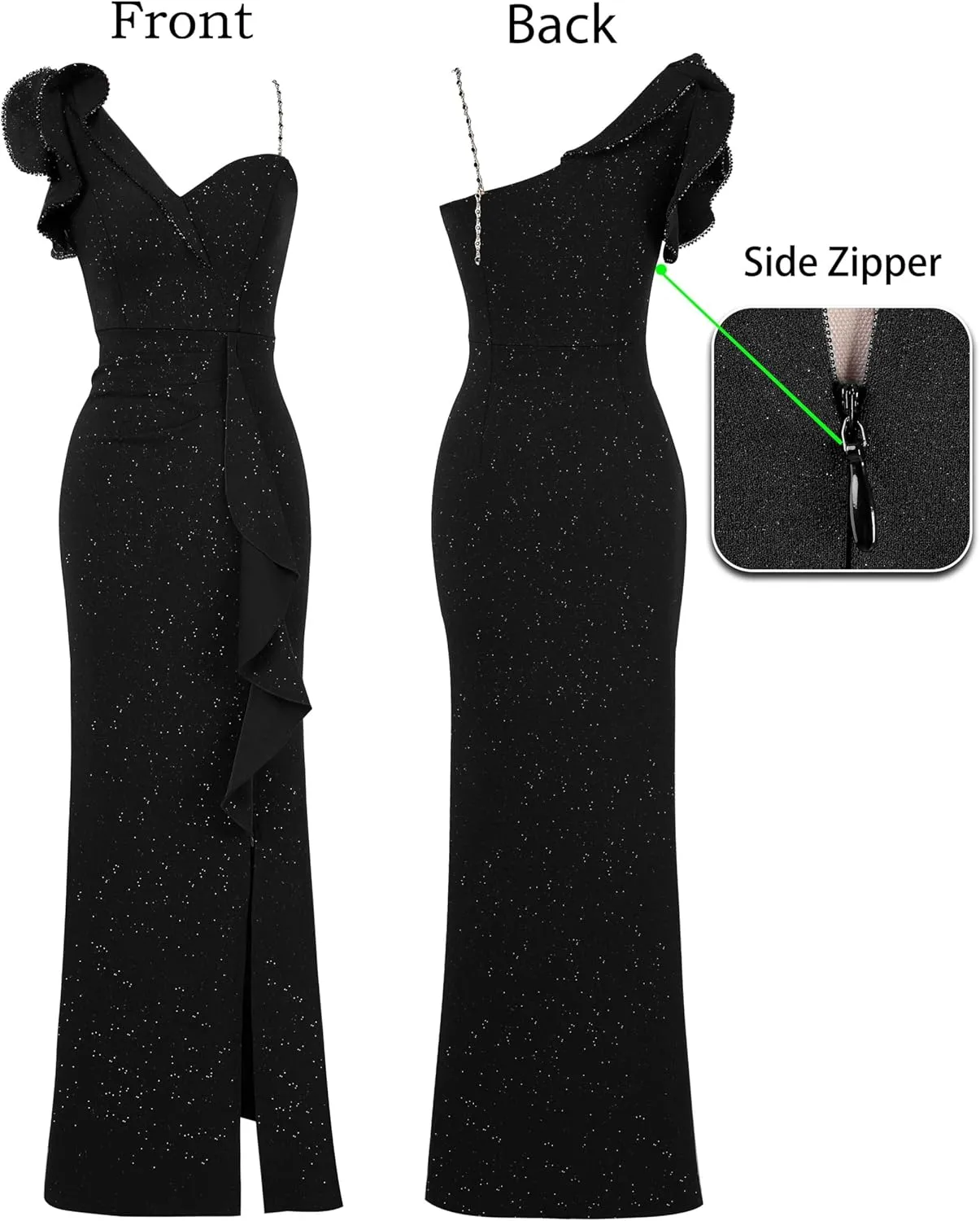 VFSHOW Womens Formal Prom Elegant Ruffle One Shoulder Beaded Strap Ruched Slit Maxi Dress Wedding Evening Long Gown