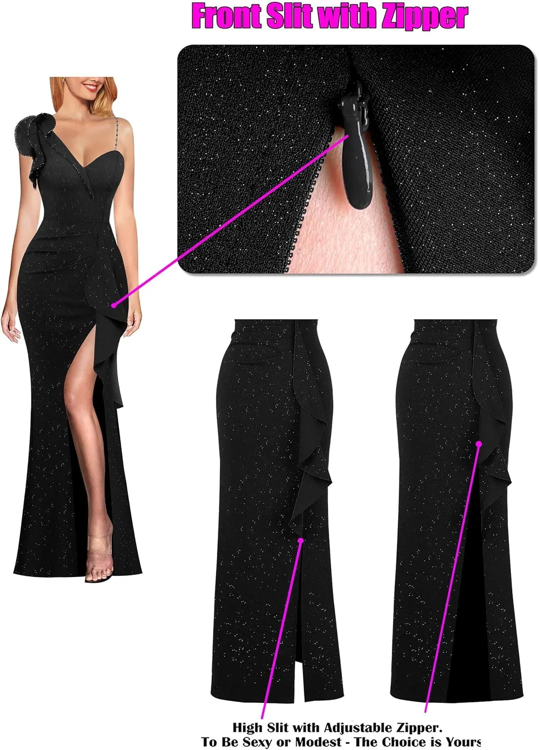 VFSHOW Womens Formal Prom Elegant Ruffle One Shoulder Beaded Strap Ruched Slit Maxi Dress Wedding Evening Long Gown