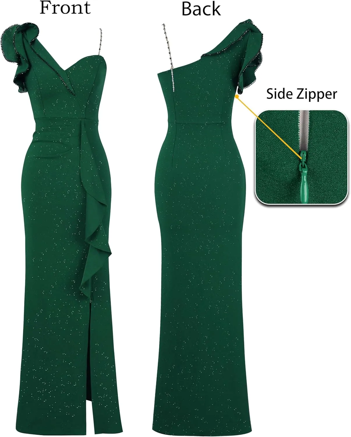 VFSHOW Womens Formal Prom Elegant Ruffle One Shoulder Beaded Strap Ruched Slit Maxi Dress Wedding Evening Long Gown