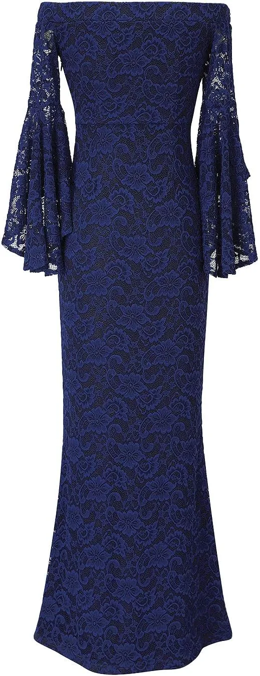 VFSHOW Womens Off Shoulder Bell Sleeve Formal Evening Wedding Party Maxi Dress