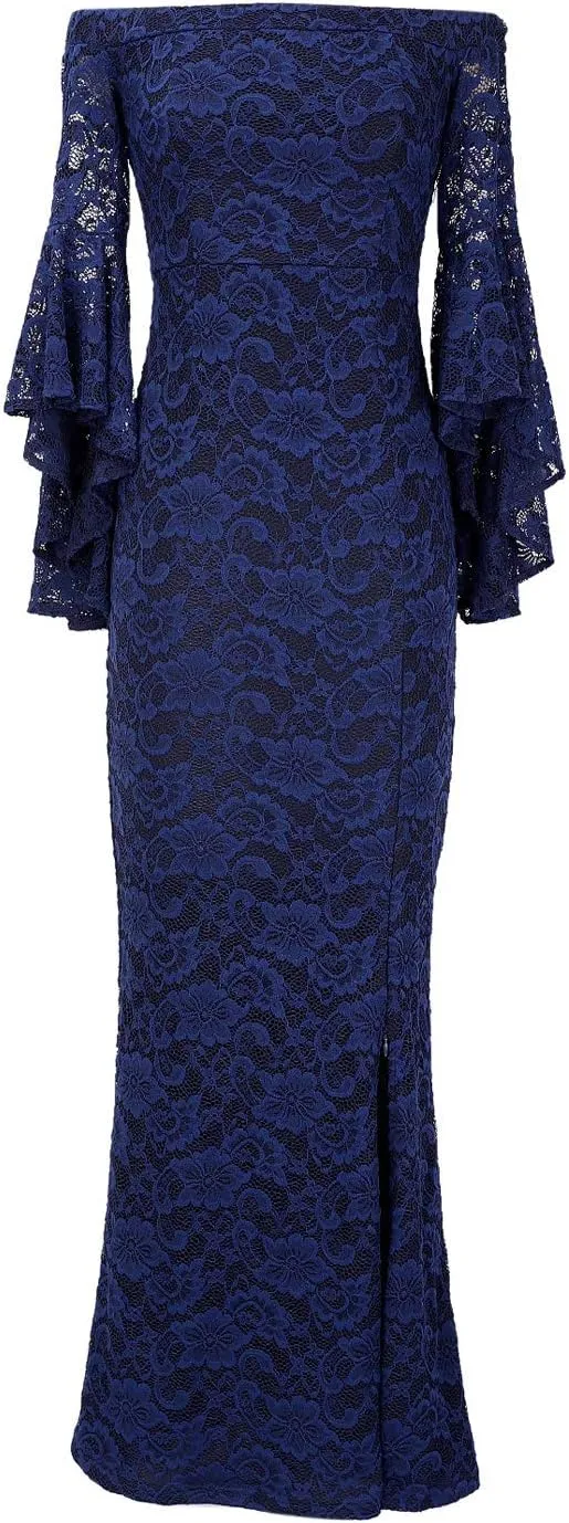 VFSHOW Womens Off Shoulder Bell Sleeve Formal Evening Wedding Party Maxi Dress