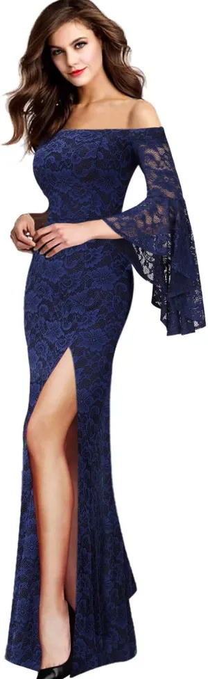 VFSHOW Womens Off Shoulder Bell Sleeve Formal Evening Wedding Party Maxi Dress