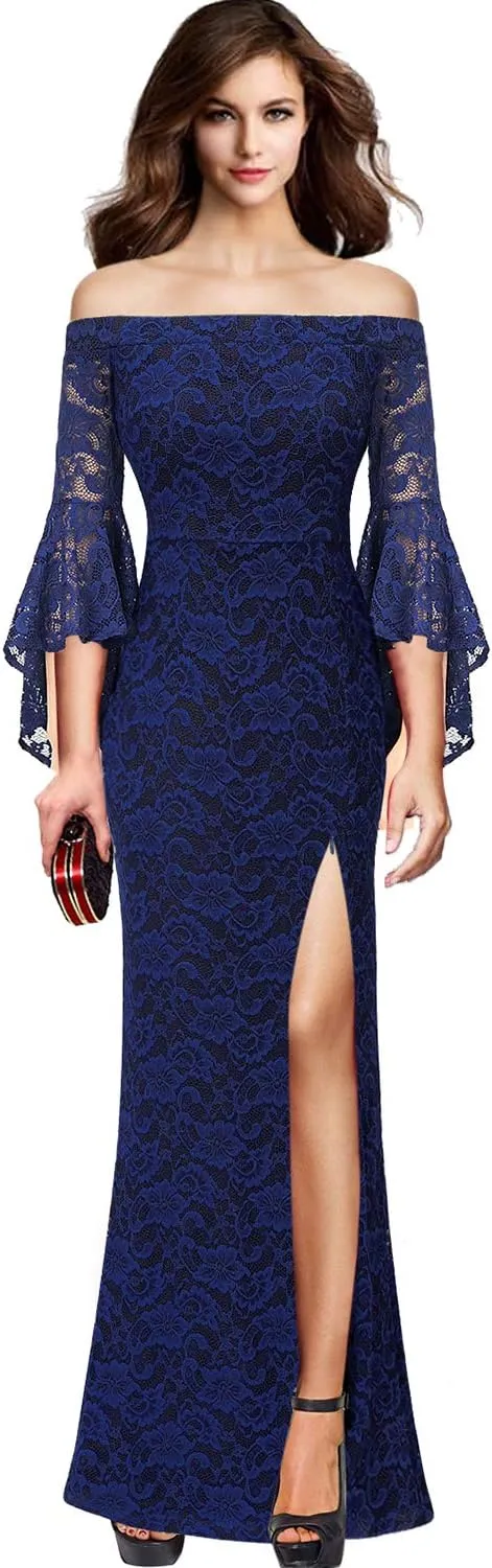 VFSHOW Womens Off Shoulder Bell Sleeve Formal Evening Wedding Party Maxi Dress