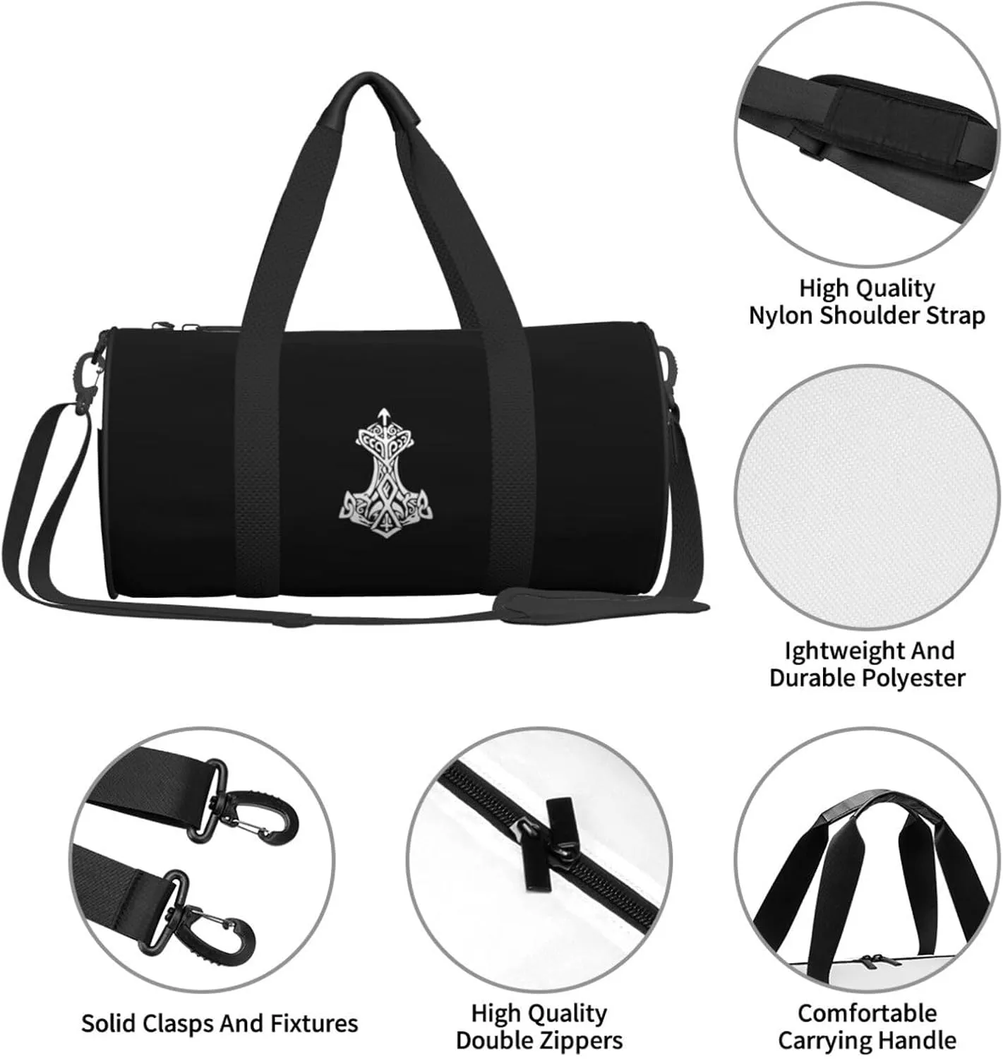 Viking Hammer Thunder Travel Luggage Duffel Bag Sports Rolling Foldable Duffel Bag, Black