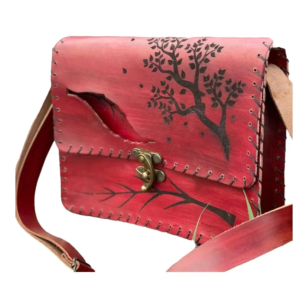 Vintage Premium Quality Crazy Horse Leather Cross-body Handbag for Women-Handmade Bag-New style Cowhide Leather Bag-Tree and leaf print Shoulder Bag (Red)