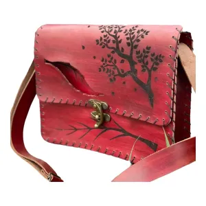 Vintage Premium Quality Crazy Horse Leather Cross-body Handbag for Women-Handmade Bag-New style Cowhide Leather Bag-Tree and leaf print Shoulder Bag (Red)