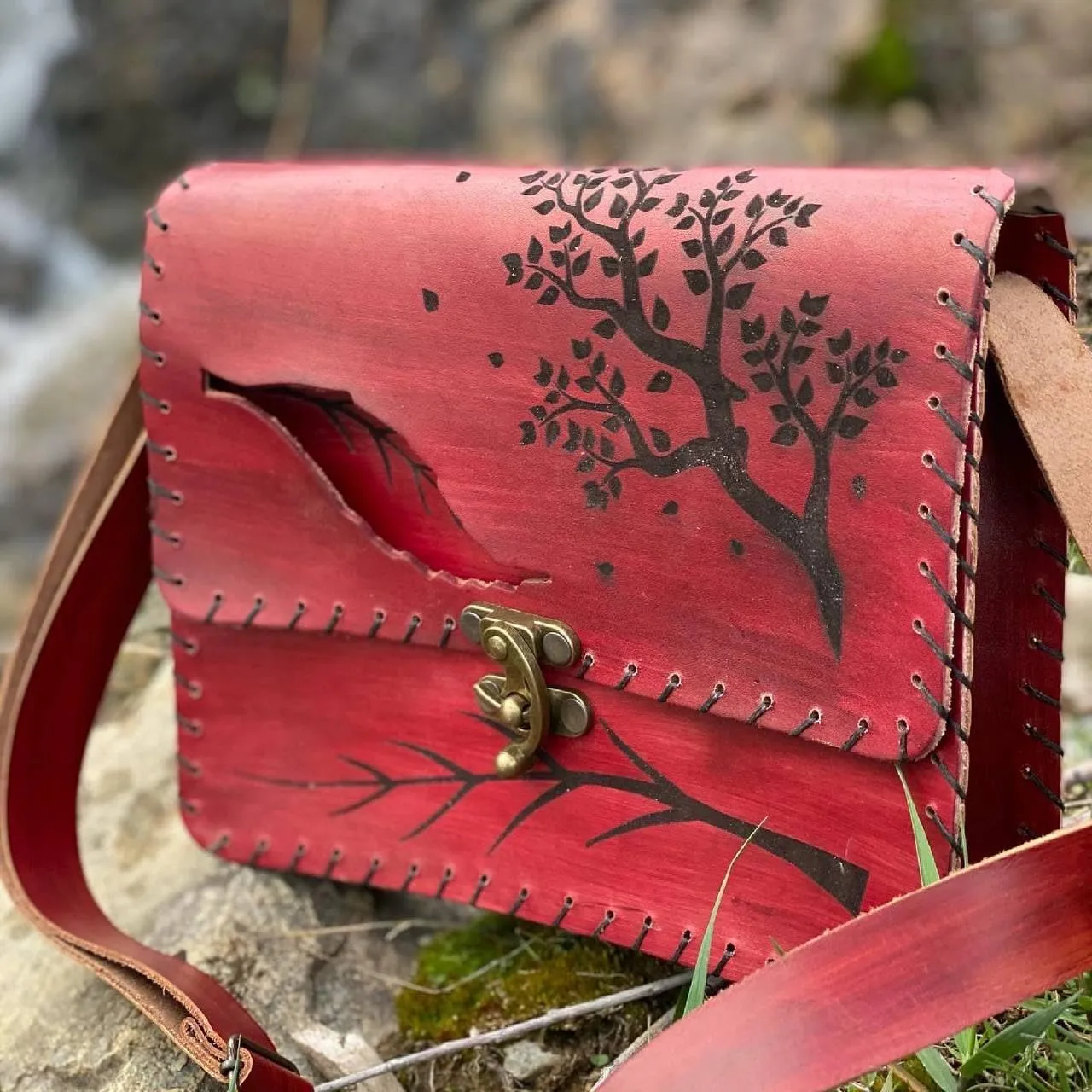 Vintage Premium Quality Crazy Horse Leather Cross-body Handbag for Women-Handmade Bag-New style Cowhide Leather Bag-Tree and leaf print Shoulder Bag (Red)