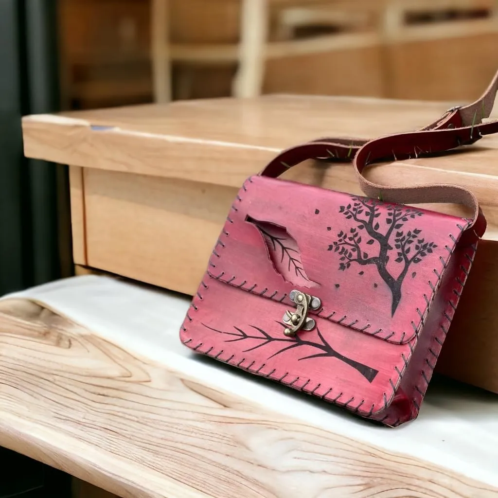 Vintage Premium Quality Crazy Horse Leather Cross-body Handbag for Women-Handmade Bag-New style Cowhide Leather Bag-Tree and leaf print Shoulder Bag (Red)
