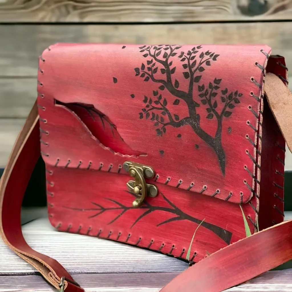 Vintage Premium Quality Crazy Horse Leather Cross-body Handbag for Women-Handmade Bag-New style Cowhide Leather Bag-Tree and leaf print Shoulder Bag (Red)