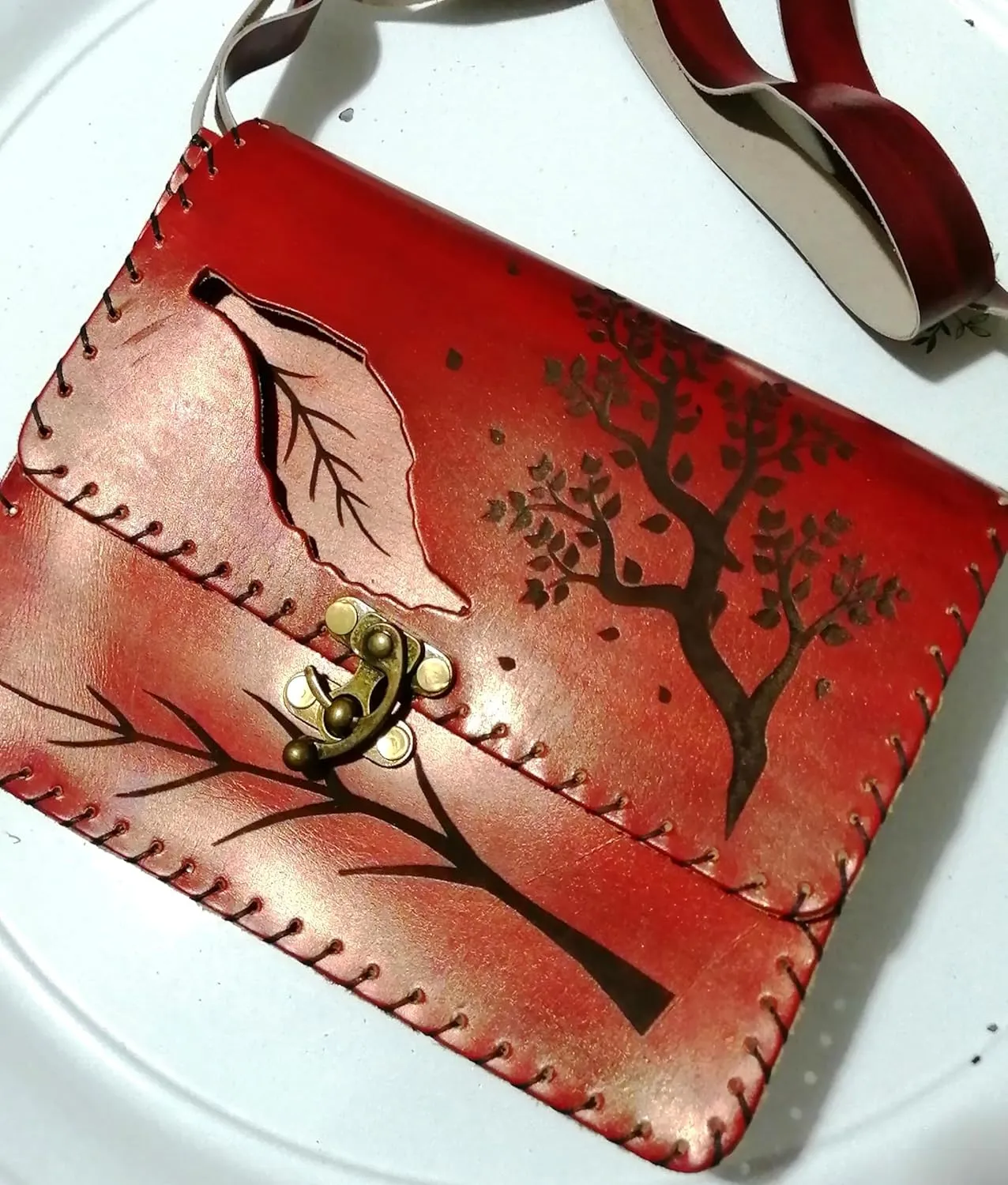 Vintage Premium Quality Crazy Horse Leather Cross-body Handbag for Women-Handmade Bag-New style Cowhide Leather Bag-Tree and leaf print Shoulder Bag (Red)
