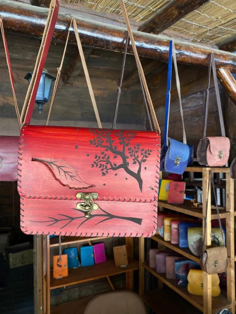 Vintage Premium Quality Crazy Horse Leather Cross-body Handbag for Women-Handmade Bag-New style Cowhide Leather Bag-Tree and leaf print Shoulder Bag (Red)